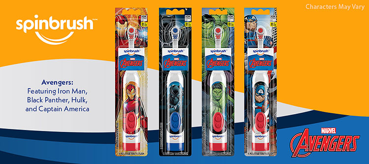 Spinbrush Marvel Avengers kids toothbrush featuring Iron Man, Black Panther, and Hulk