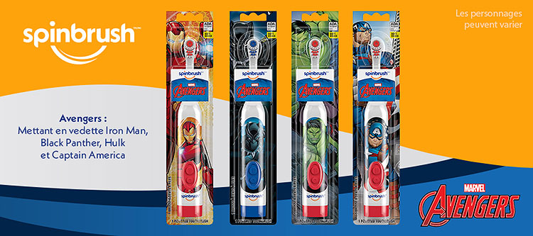 Spinbrush Marvel Avengers kids toothbrush featuring Iron Man, Black Panther, and Hulk