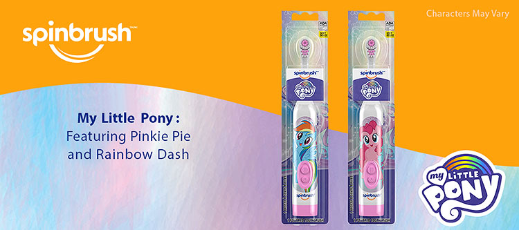 Spinbrush My Little Pony kids toothbrush featuring Pinkie Pie and Rinow Dash