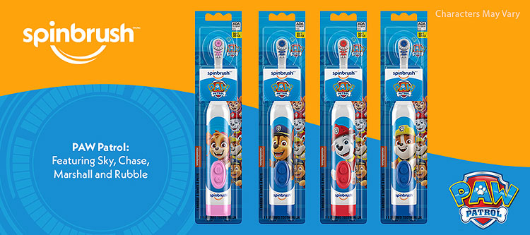 Spinbrush PAW Patrol kids toothbrush featuring Skye, Chase, and Marshall