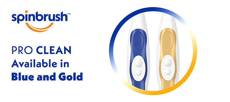 Spinbrush pro clean toothbrush available in blue and gold color