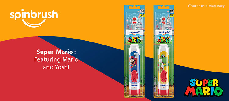 Spinbrush Super Mario kids toothbrush featuring Mario and Yoshi